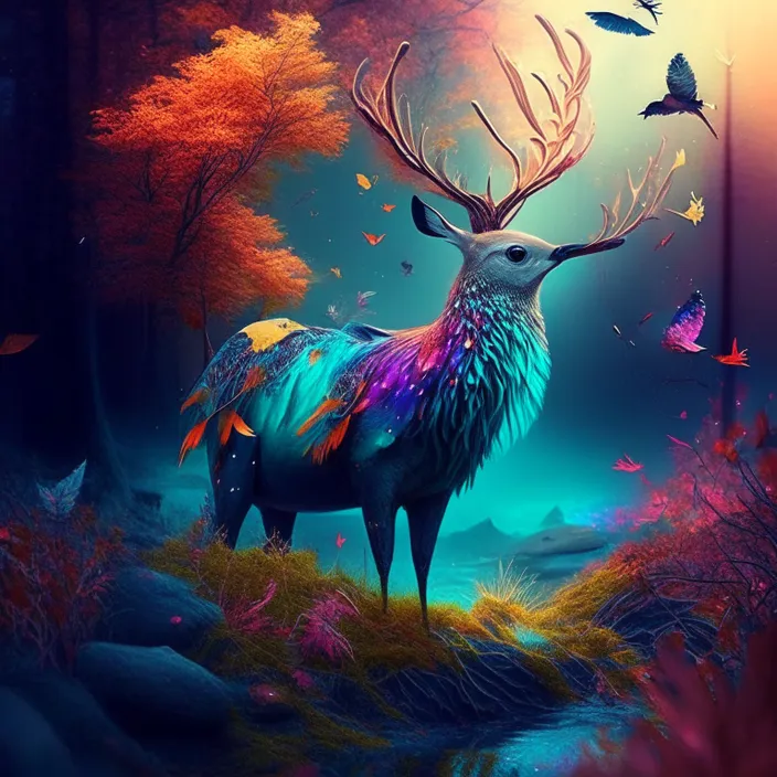 a painting of a deer standing in the middle of a forest