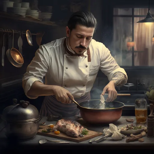 a painting of a man cooking in a kitchen