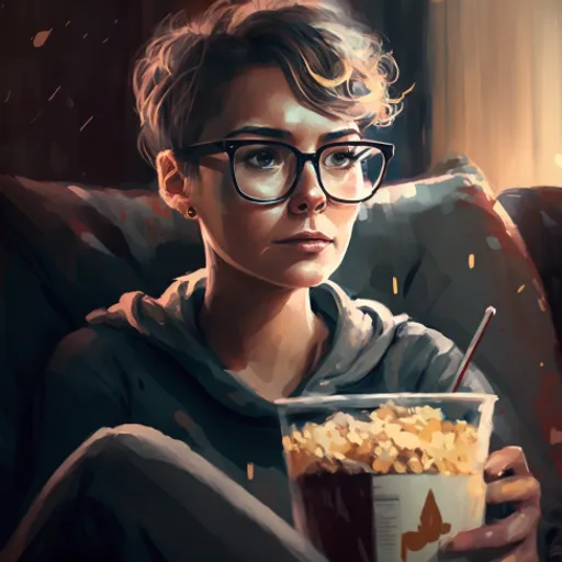 a painting of a woman sitting in a chair holding a cup of popcorn