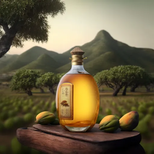 a bottle of honey sitting on top of a wooden table