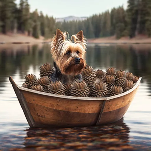 a dog sitting in a boat filled with pine cones