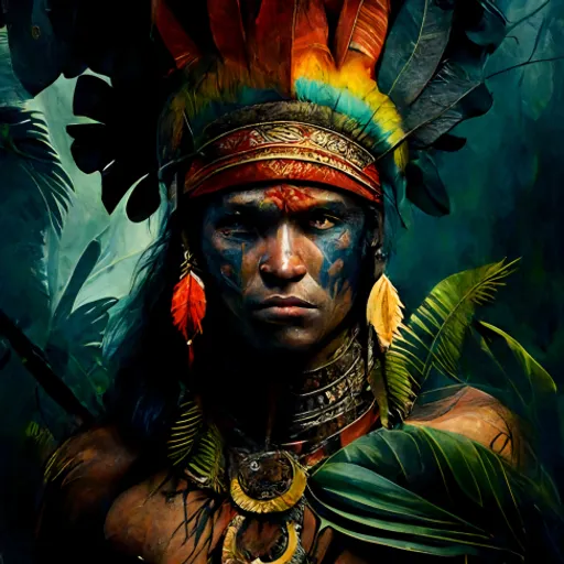 a painting of a native american man with feathers on his head