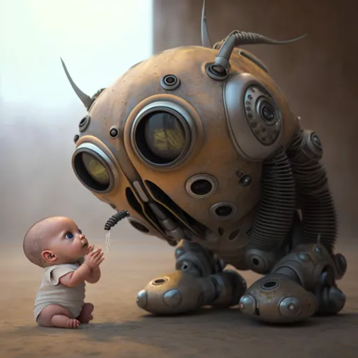 a small baby sitting next to a robot