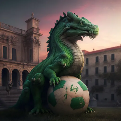 a large green dragon sitting on top of a soccer ball