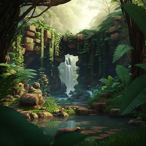 a painting of a waterfall in the middle of a jungle