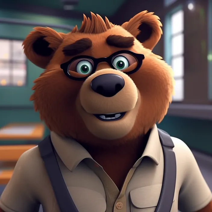 a brown bear wearing glasses and a shirt