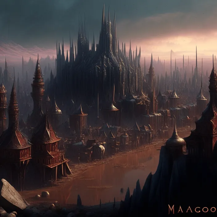 a painting of a city with a lot of spires