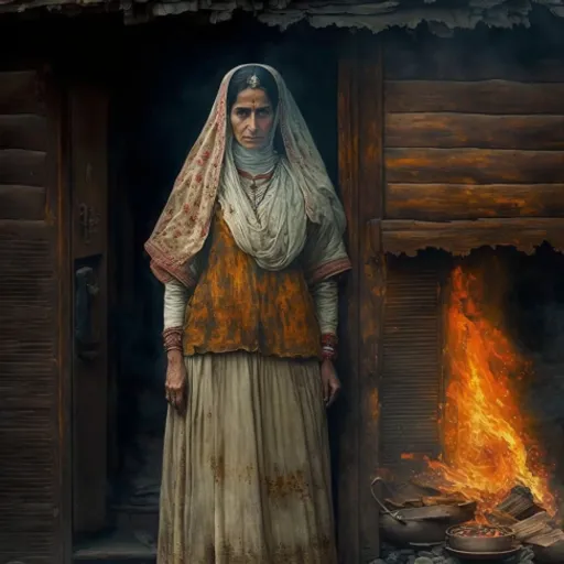 a painting of a woman standing in front of a fire