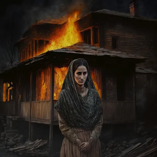 a painting of a woman standing in front of a house on fire