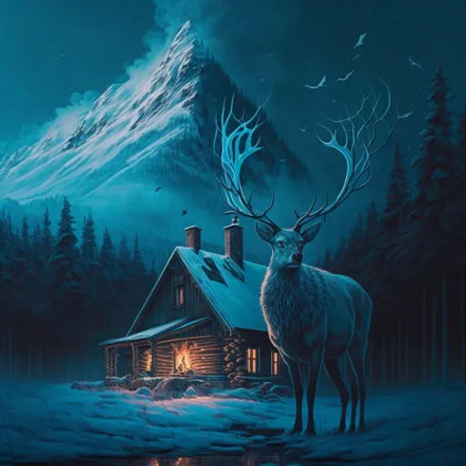 a painting of a deer standing in front of a cabin