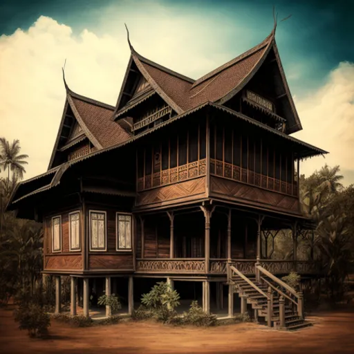 a painting of a wooden house with a balcony