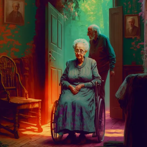 a painting of an elderly woman in a wheelchair