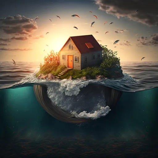 a house floating on top of a wave in the ocean