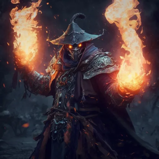 a person in a costume with fire in their hands