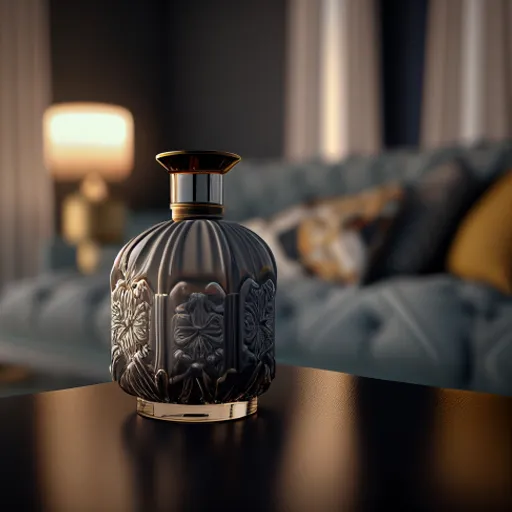 a glass bottle sitting on top of a wooden table