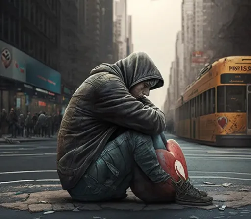 a man sitting on the ground in front of a bus