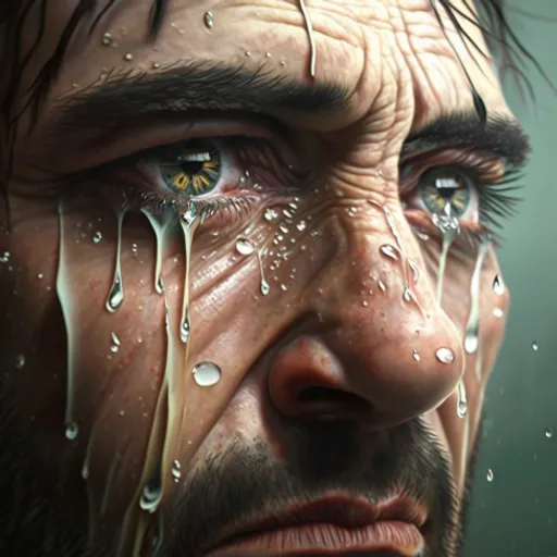 a close up of a man with tears on his face