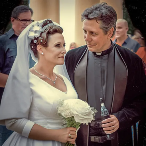 a man and a woman dressed in wedding attire