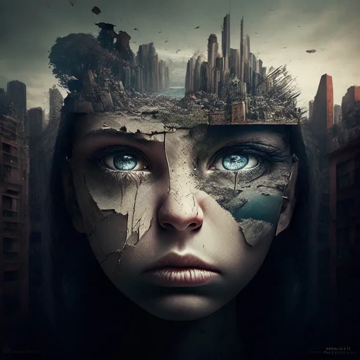 a woman's face with a city in the background