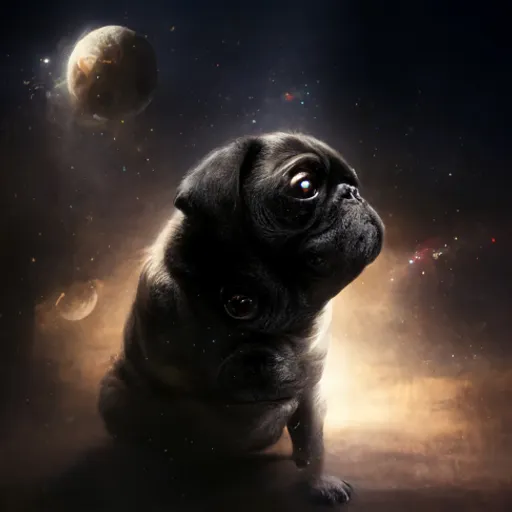 a small pug dog sitting in front of a planet