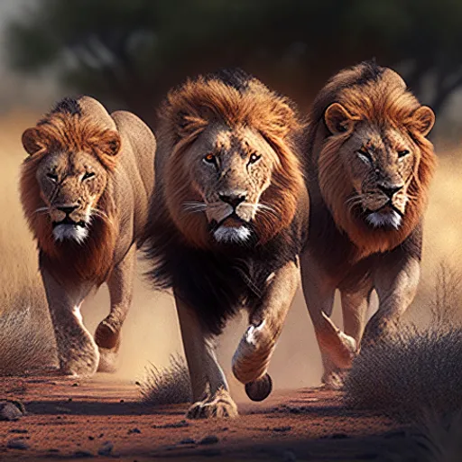 three lions running in a line down a dirt road