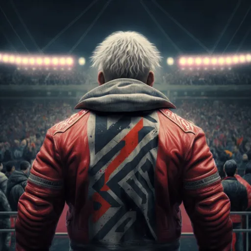 a man in a red leather jacket standing in front of a crowd