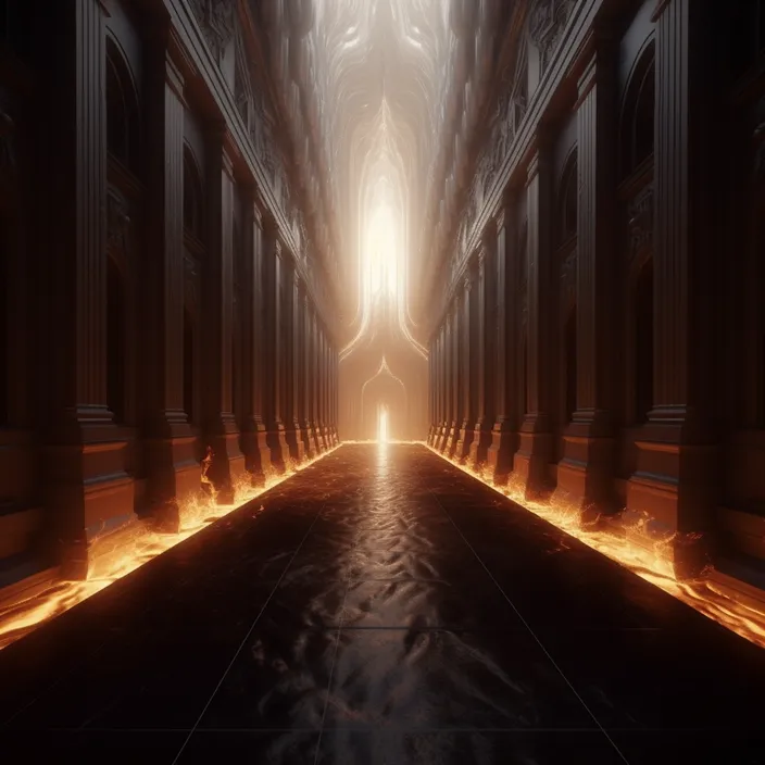 a long hallway with a light at the end of it