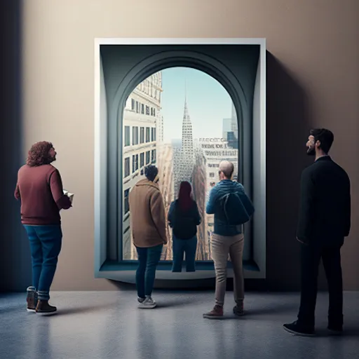 a group of people standing in front of a window