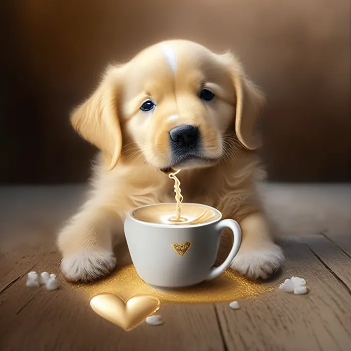 a puppy is drinking out of a cup