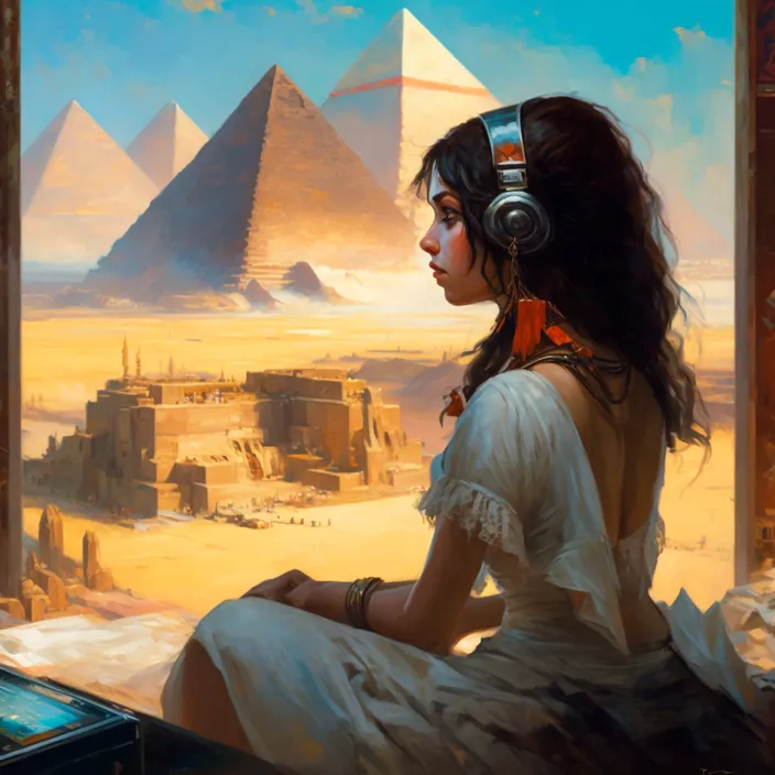 a painting of a woman sitting in front of a view of pyramids