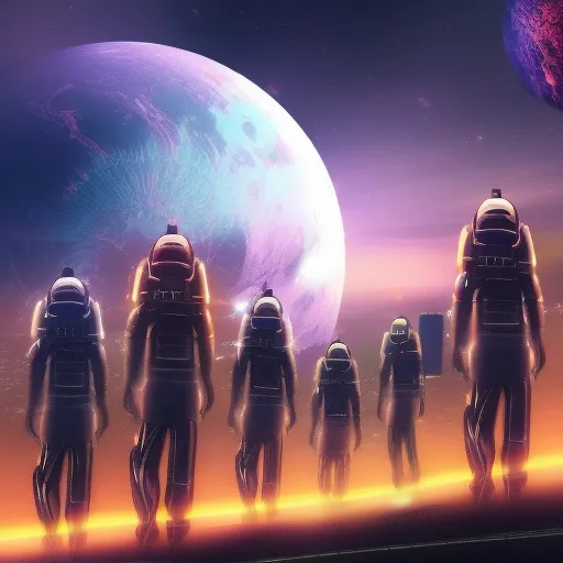 a group of people in space suits standing in front of a planet