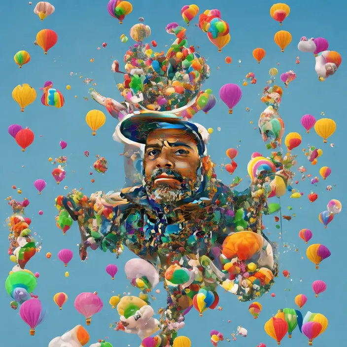 a painting of a man surrounded by balloons