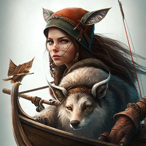 a painting of a woman and a wolf in a boat