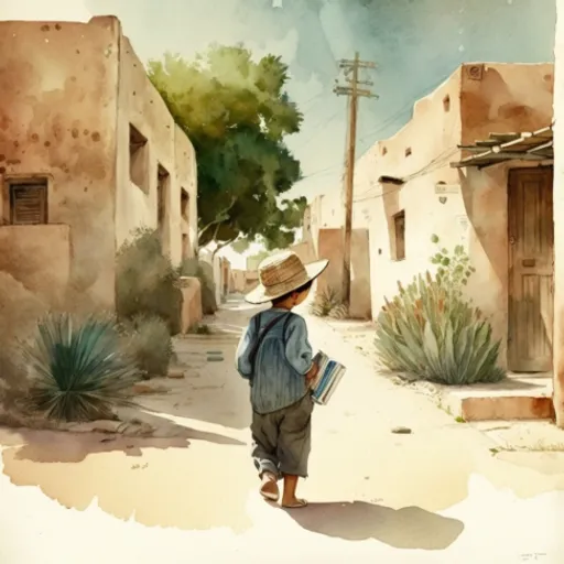 a painting of a boy walking down a street