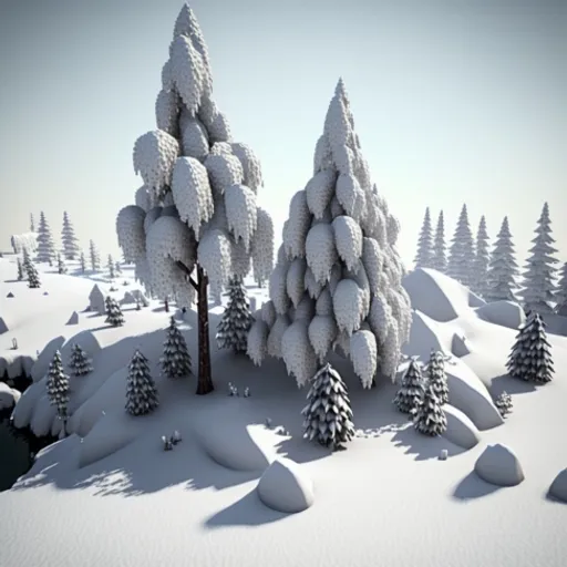 a snowy landscape with trees and rocks