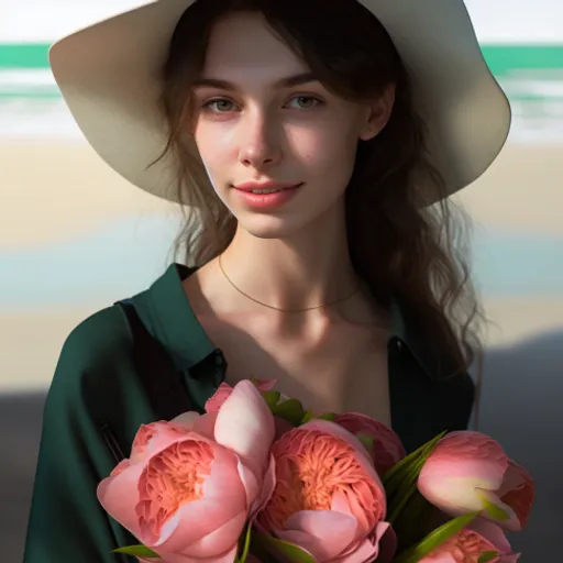 a woman wearing a hat holding a bouquet of flowers