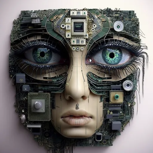 a woman's face made out of electronic components