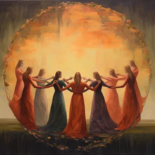 a painting of four women holding hands in a circle