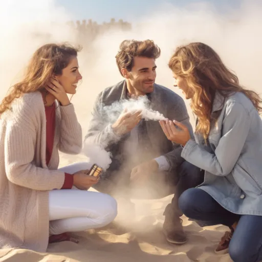 a group of people sitting on top of a sandy beach