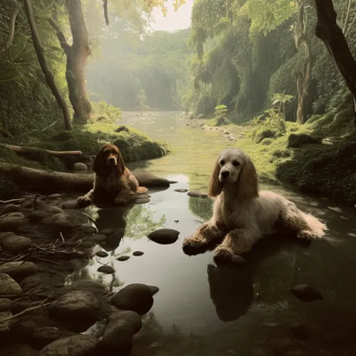 two dogs are sitting in a stream in the woods