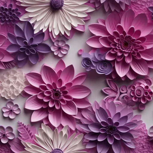 a bunch of purple and white flowers on a wall