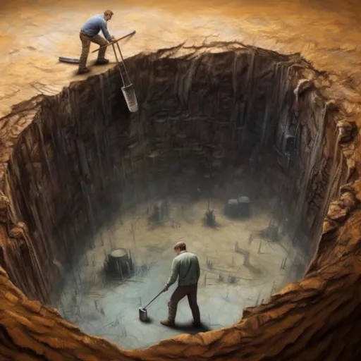 a man standing on top of a giant hole