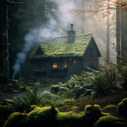 a house with a green roof in the woods