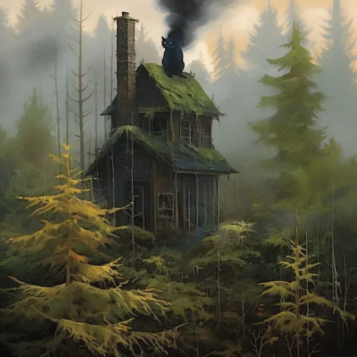 a painting of a house in the middle of a forest