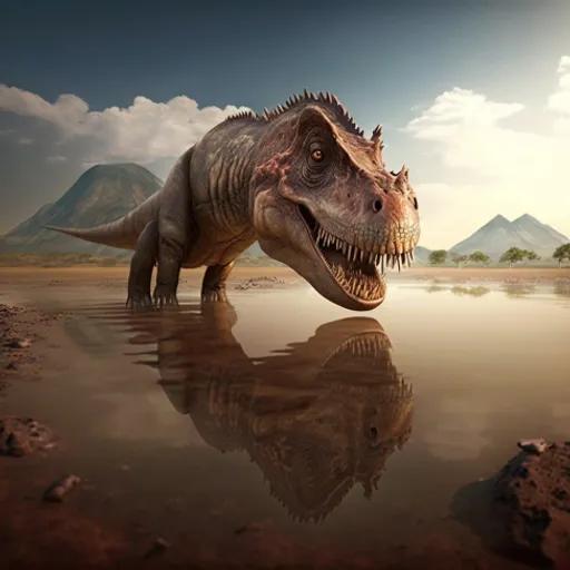 a large dinosaur standing in a body of water