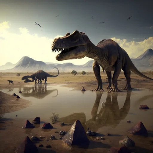 a group of dinosaurs in a desert with mountains in the background