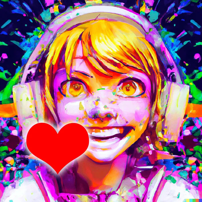 a painting of a girl with headphones and a heart