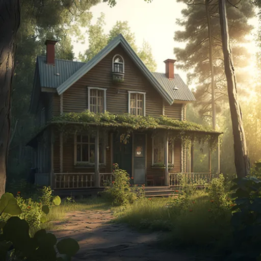 a painting of a house in the woods