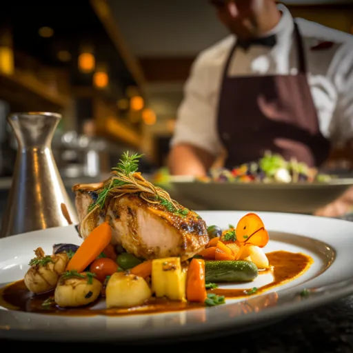 a plate of food with a chef in the background