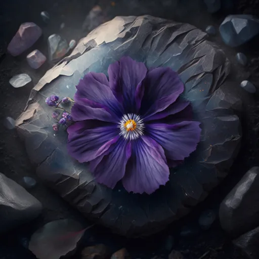 a purple flower sitting on top of a rock